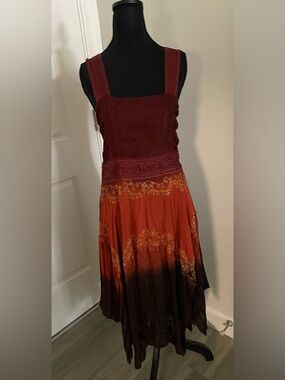 Sleeveless Burnt Orange Burgundy and Brown Embroidered Maxi Dress